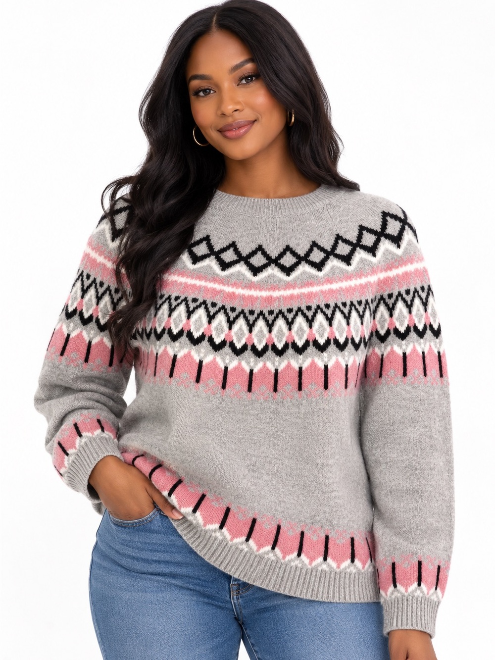 DKNY JEANS Fair Isle Crewneck Sweater Gray Pink Women’s Size XL